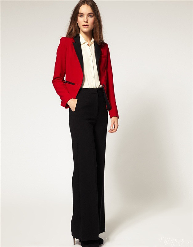 Red women suit with black trim